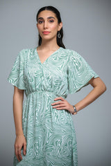 Pista Green Poly Crepe Spiral Print Ruffle Sleeve Dress