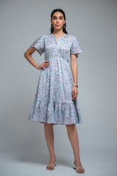 Sky Blue Poly Crepe Ruffle Sleeve Floral Print Dress