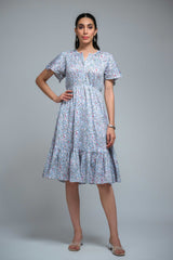 Sky Blue Poly Crepe Ruffle Sleeve Floral Print Dress
