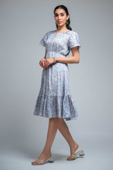 Sky Blue Poly Crepe Ruffle Sleeve Floral Print Dress