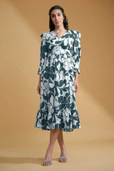Grey Poly Crepe Cuff Sleeve Floral Print Dress