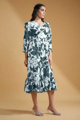 Grey Poly Crepe Cuff Sleeve Floral Print Dress