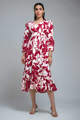 Magenta Poly Crepe Cuff Sleeve Floral Print Dress
