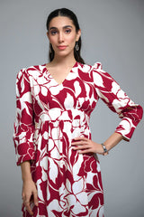 Magenta Poly Crepe Cuff Sleeve Floral Print Dress