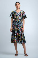 Black-Sky Blue Poly Crepe Ruffle Sleeve Floral Print Dress