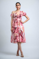 White-Pink Poly Crepe Puff Sleeves Floral Print Dress