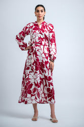 Magenta Poly Crepe Floral Print Elastic Gathered Dress