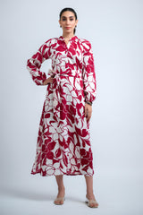 Magenta Poly Crepe Floral Print Elastic Gathered Dress