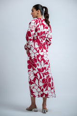 Magenta Poly Crepe Floral Print Elastic Gathered Dress