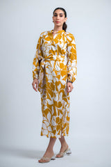 Mustard Poly Crepe Elastic Gathered Floral Print Dress