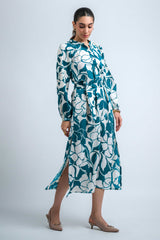 Teal Blue Poly Crepe Elastic Gathered Floral Print Dress