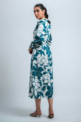 Teal Blue Poly Crepe Elastic Gathered Floral Print Dress