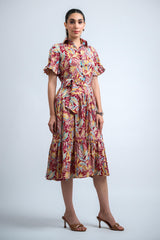 Red Poly Crepe Floral Print Ruffle Sleeve Dress