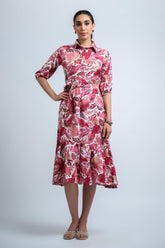 Pink-White Poly Crepe Floral Print Elastic Gathered Dress