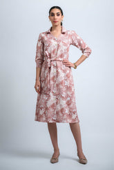 Rust-Offwhite Wrinkle Satin Cuff Sleeve Abstract Dress