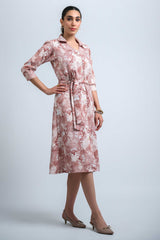 Rust-Offwhite Wrinkle Satin Cuff Sleeve Abstract Dress