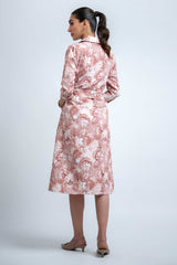 Rust-Offwhite Wrinkle Satin Cuff Sleeve Abstract Dress