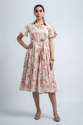 Cream-Pink Poly Crepe Floral Print Ruffle Sleeve Dress