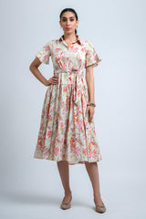 Cream-Pink Poly Crepe Floral Print Ruffle Sleeve Dress