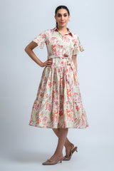 Cream-Pink Poly Crepe Floral Print Ruffle Sleeve Dress