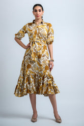 Mustard Poly Crepe Floral Print Elastic Gathered Dress