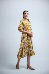 Mustard Poly Crepe Floral Print Elastic Gathered Dress