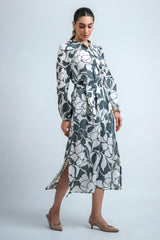 Grey Poly Crepe Floral Print Elastic Gathered Dress