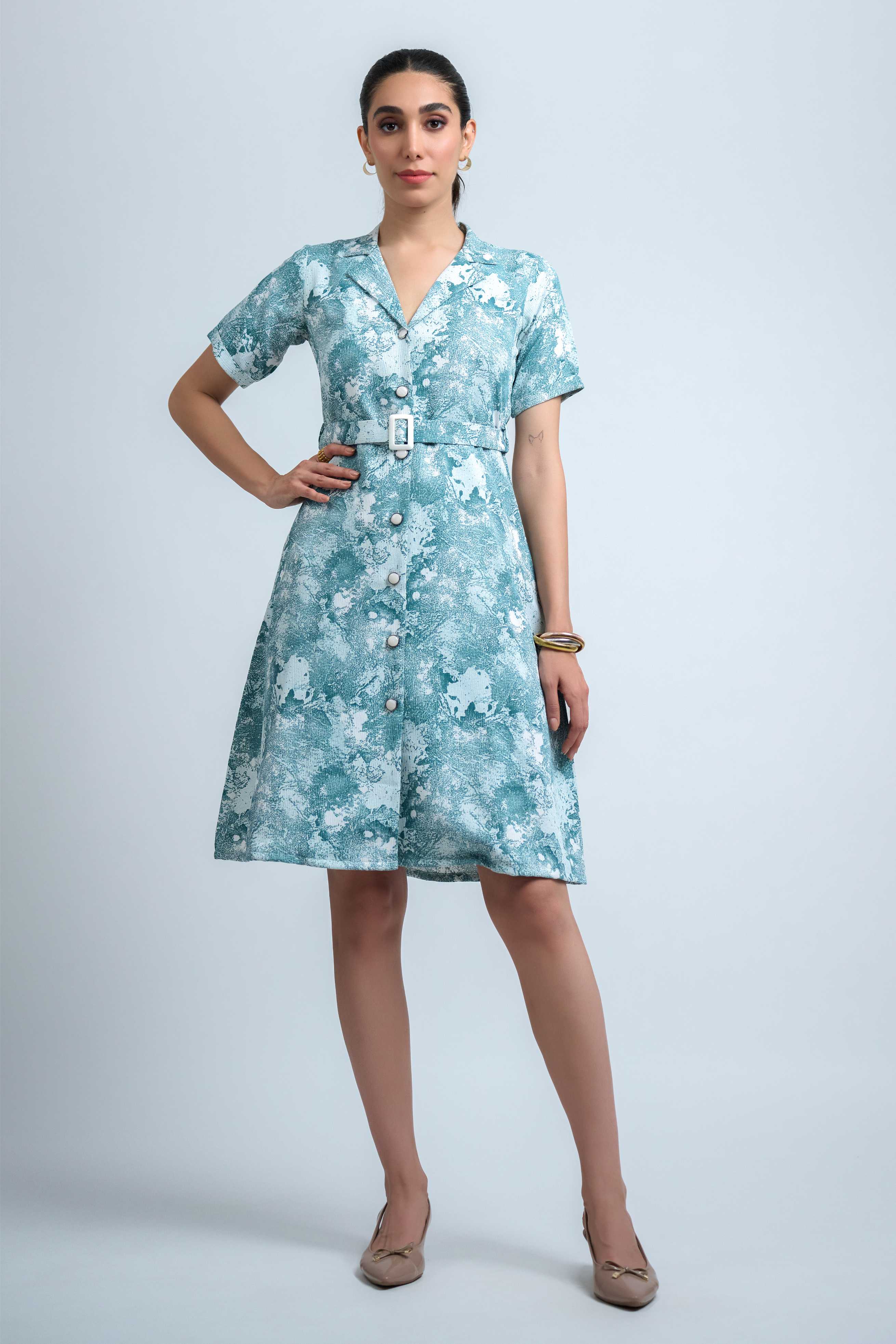 Sky Blue-White Wrinkle Satin Regular Sleeves Abstract Dress