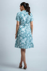Sky Blue-White Wrinkle Satin Regular Sleeves Abstract Dress