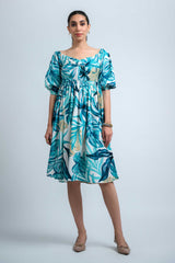 Sky Blue-White Poly Crepe Elastic Gathered Floral Print Dress