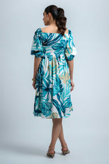 Sky Blue-White Poly Crepe Elastic Gathered Floral Print Dress