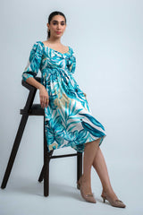 Sky Blue-White Poly Crepe Elastic Gathered Floral Print Dress