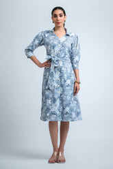 Blue-White Wrinkle Satin Cuff Sleeve Abstract Dress
