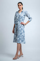Blue-White Wrinkle Satin Cuff Sleeve Abstract Dress