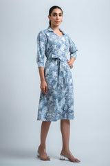 Blue-White Wrinkle Satin Cuff Sleeve Abstract Dress