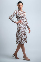 Brown-White Poly Crepe Point Collar Cuff Sleeve Floral Print Knee Length Dress