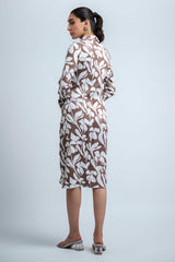 Brown-White Poly Crepe Point Collar Cuff Sleeve Floral Print Knee Length Dress