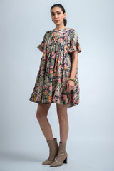 Olive Green Poly Crepe Floral Print Ruffle Sleeve Dress