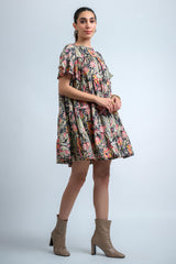 Olive Green Poly Crepe Floral Print Ruffle Sleeve Dress