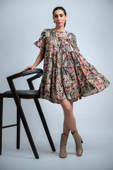 Olive Green Poly Crepe Floral Print Ruffle Sleeve Dress