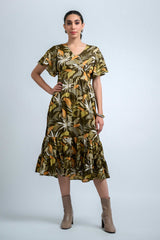 Olive Green-Multi Poly Crepe Ruffle Sleeve Floral Print Dress