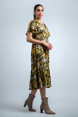 Olive Green-Multi Poly Crepe Ruffle Sleeve Floral Print Dress