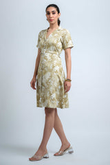 Olive Green-White Poly Crepe Regular Sleeve Abstract Dress