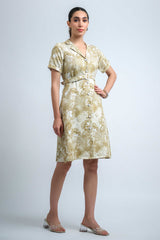 Olive Green-White Poly Crepe Regular Sleeve Abstract Dress