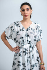 White-Black Satin Georgette V Neck Regular Sleeve Floral Print Calf Length Dress