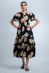 Black Beige Poly Rayon Floral Print Regular Sleeve Dress