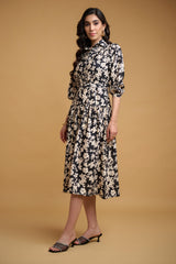 Black Cream Poly Crepe Floral Print Regular Sleeve Dress
