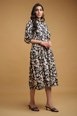 Black Cream Poly Crepe Floral Print Regular Sleeve Dress