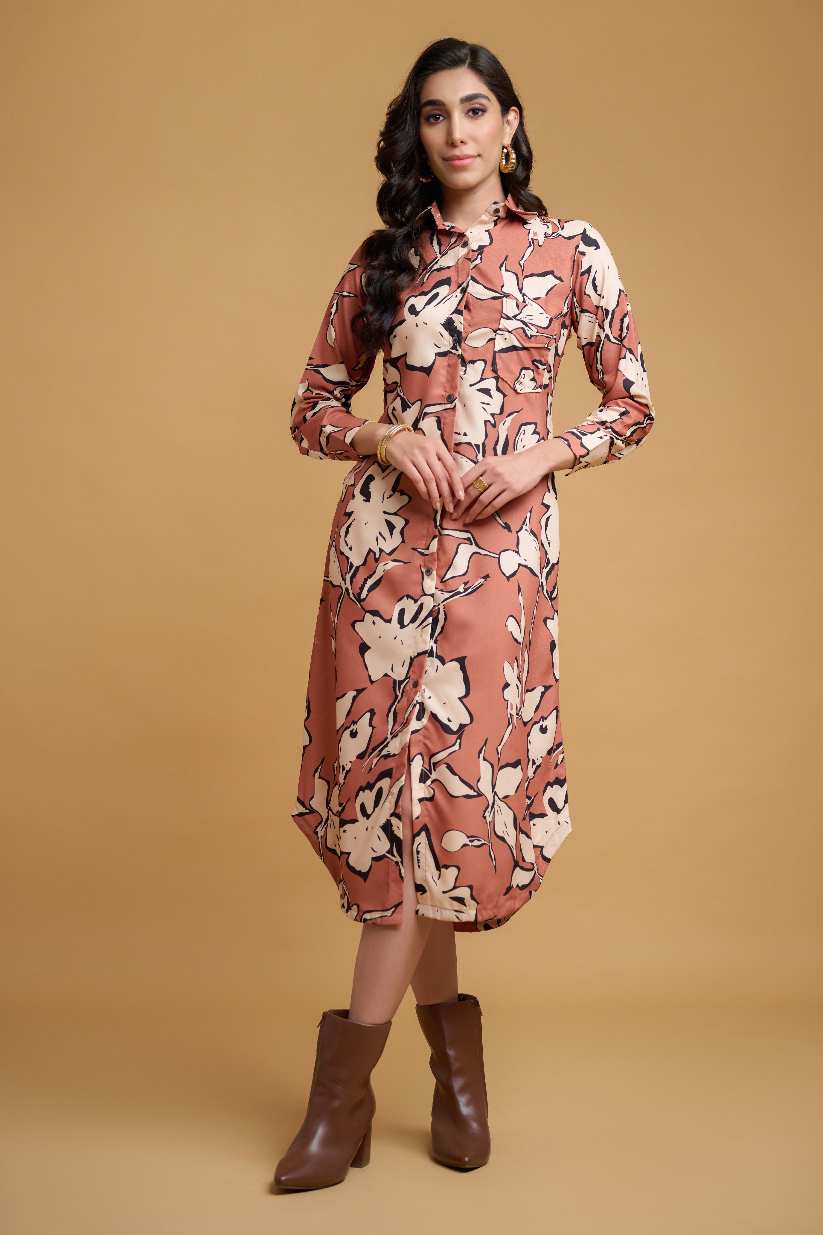 Rust Orange Poly Rayon Floral Print Cuff Sleeve Dress