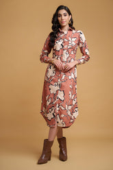 Rust Orange Poly Rayon Floral Print Cuff Sleeve Dress